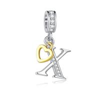 LSxAB Sparkling X Letter Charm for Pandora Charms Bracelets Gold Heart Silver Alphabet Initial Dangle Bead Jewellery Gift for Women