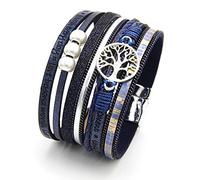 LSxAB Tree of Life Blue Leather Wrap Bracelet for Women Handmade Colorful Multi-Layer Wrapped Wristband Bracelets