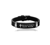 LSxAB With God All Things Are Possible Inspirational Cross Black Bracelets for Men Women Religous Christian Stainless Steel Silicone Wristband
