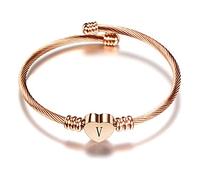 LSxAB Women Initial V Letter Cuff Bracelet Rose Gold Heart Capital Name Alphabet Bangle Wristband Bracelets Expandable
