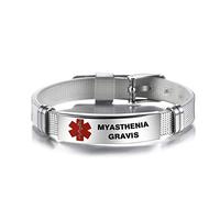LSxAB Women Mens Red Medical Alert Myasthenia Gravis Identification Bracelet Seniors Health Alarm Laser Engraved Adjustable PVC Band Wristband Bracelets