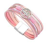 LSxAB Women Tree of Life Pink Leather Wrap Bracelet Colorful Multi-Layer Wrapped Stackable Boho Braided Wristband Bracelets Handmade Jewellery