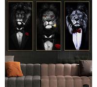 LSYALUCK Funny Animal Black White Lion In Suit Canvas Art Posters And Prints Abstract Animals Canvas Paintings On the Wall Art Pictures 60x110cm(24x43in) x3 Inner Frame