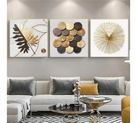 LSYALUCK Nordic Golden Abstract Leaf Metal Wall Art Canvas Painting Golden Line Circle Poster Wall Picture for Living Room Home Decor 60x60cm(24x24in) x3 innerframe