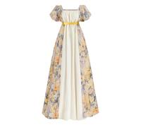 LSYYSKB Women Regency Dress Victorian Dresses Vintage Ball Gown Lace-up Long White Regency Dress with Wedding Gloves, Yellow Floral, XX-Large