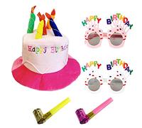 LSYYSL 1 Happy Birthday Hat with 2 Glasses and Party Whistles, Multicolor Candle Hats, Dress Up Display Props, Adult Plush for Up, Party, Gathering, Pink, 11*17cm (lazhumao)