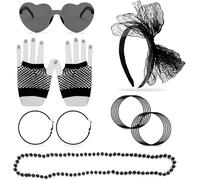 LSYYSL 15 Piece Clothing Accessories Makeup Set, Lace Hair Accessories Neon Necklace, Vintage Earrings, Fishnet Gloves, Colorful Silicone Bracelets, Heart Glasses, 80s Retro Party Themed Party, Black