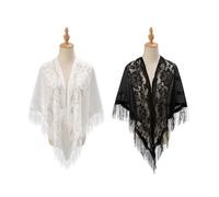 LSYYSL 2 Pieces Lace Triangle Shawl, Ele Shawl, Soft Tassel Shawl, Decorative Shawl For Women (Black, White)