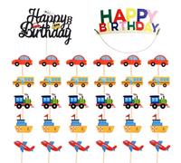 LSYYSL 31 Pieces Of Transportation Cards, 1 Piece Of Happy Birthday Headband, Creative Cartoon Cake Topper, Birthday Party Decoration