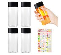 LSYYSL 4 Pack Plastic Juice Bottles with 1 Fruit Label, Drink Bottles with Lids, Beverage Containers, Clear Drink Bottles, Great for Juice, Milk, Homemade Drinks, Black