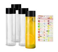 LSYYSL Four 16OZ(500ml) Transparent Cylindrical Plastic Juice Bottles, One Fruit Sticker, Reusable Milkshake Bottle, Suitable for Storing Tea, Fruit Juice, and Cold Brewed Beverages