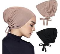 LSYZHX 2Pcs Women Hijab Undercap, Under Hijab Cap, Cap Islamic Muslim, Adjustable Hat Cap (Black+Khaki)