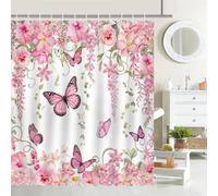 Lszmqev Shower Curtains Pink Flower Butterfly Wet Room Shower Curtain Mould Proof Resistant Waterproof Polyster Fabric Washable with 12 Hooks Garden Bathroom Curtains (180x180cm)