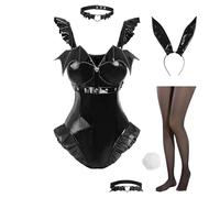 LTAKK Bunny Suit Women Bat Bunny Cosplay Costume Black Bodysuit with Choker, small