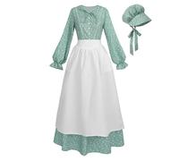 LTAKK Colonial Dress Women Pioneer Costume Pilgrim Prairie Dresses Floral Civil War Dress with Bonnet and Apron, Green, Large