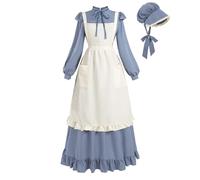 LTAKK Pioneer Dress Women Colonial Costume Prairie Pilgrim Dresses with Pinafore and Bonet, Blue Dot, Large