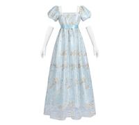LTAKK Regency Dress Women Regency Costume Empire Waist Tea Party Embroidery Victorian Gown with Sash and Gloves, Blue, XXL