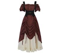 LTAKK Renaissance Dress Women Medieval Costume Off-Shoulder Pirate Steampunk Ren Faire Dresses with Corset 3Pcs, Wine Red, Small