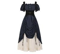 LTAKK Renaissance Dress Women Medieval Costume Off-Shoulder Pirate Steampunk Ren Faire Dresses with Corset 3Pcs, Navy Blue, XL
