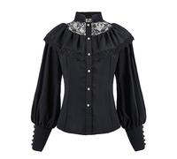 LTAKK Victorian Blouse Women Edwardian Renaissance Button Down Ruffle Shirt, Black Lace, XXL