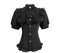 LTAKK Victorian Blouse Women Gothic Shirt Ruffle Short Sleeve Tops Black M