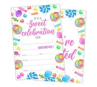 ltazhyi Candyland Birthday Party Invite Card for Kid, Sweet Candy Birthday Invitation for Girls Boys, Set of 20 Cards and 20 Envelopes, Candy Celebration Party Supplies for Teen - 20