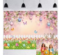 LTDKAEN 7×5Ft Spring Easter Backdrop Pink Flowers Green Lawn Natural Scenery Photography Background Happy Easter Day Kids Baby Shower Birthday Party Decor