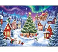 LTDKAEN Christmas Village Backdrop Winter Christmas Aurora Wonderland House Xmas Tree Photography Background Party Decoration (8x6ft)