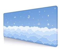 LTHAOGUO Cute Light Blue Desk Mat Mousepad, Kawaii Anime Gaming Deskmat Pastel Clouds, Aesthetic Stars Moon Deskpad, Minimalist Mint White XL Mouse Pad, 31.5 X 11.8 Inch