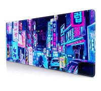 LTHAOGUO Neon Street Japanese Vaporwave Cyberpunk City Gaming Mouse Pad, Cyan Rubber Base XL Large Desk Mat Laptop Desk Mat 80x30cm - Rain Umbrella