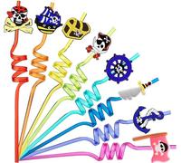LTHOENG 16 Pieces Pirate Theme Kids Birthday Party Decorations Reusable Drinking Straws with Ring Perfect for Kids Birthday Party Gifts, XG-001