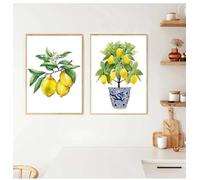 LTjiajuypd Blue White Willow Style Bonsai Canvas Painting Art Lemon Poster Kitchen Decor Lemon Print Planter Office Decoration 60x90cm-2Pcs Frameless
