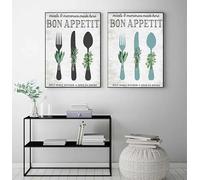 LTjiajuypd Bon Appetit Wall Art Poster Utensils Silverware Fork Spoon Green Plant Canvas Print Farmhouse Kitchen Dining Room Decor(30x40cm-2pcs)