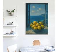 LTjiajuypd Canvas Painting Mediterranean Window View Coastal Lemon Tree Print Italian Seaside Landscape Poster for Room Wall Decor(30x45cm)