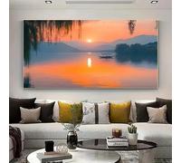 LTjiajuypd Canvas Prints Painting Featuring A Small Boat Lake Under The Sunset With Weeping Willows(55X110cm)
