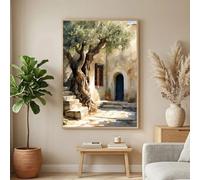 LTjiajuypd Courtyard Canvas, Olive Tree Wall Art Sun-Drenched Stone Stairs Vintage Painting(70x110cm/Frameless)