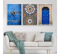 LTjiajuypd Door Blue City Poster Arabic Architecture Canvas Painting Print Travel Landscape Wall Art For Living Room Home Decor(30x40cm-3Pcs)