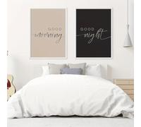 LTjiajuypd Good Morning Night Cursive Canvas Wall Art Beige Black Minimalist Bedroom Decor Poster(30x40cm-2pcs)