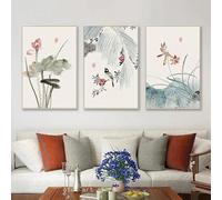LTjiajuypd Vintage Chinese Style Lotus Bird Landscape Poster Canvas Painting Wall Art Prints Picture for Living Room Modern Home Decor(50x75cm-3Pcs)
