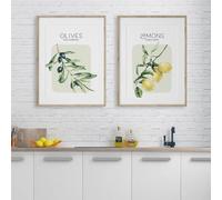 LTjiajuypd Watercolor Lemon Olives Leaf Poster Canvas Painting Mediterranean Food Prints Wall Art Pictures for Kitchen Home Decoration 35x50cm-2Pcs Frameless