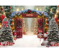 LTLYH 7x5ft Fabric Christmas North Pole Backdrop Winter Forest Wonderland Santa’s Workshop Door Background Xmas Tree Family Holiday Party Decor Photo Props 346