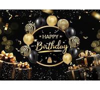 LTLYH 7x5ft Happy Birthday Backdrop Banner Sign Poster Large Fabric Glitter Balloon Sign Birthday Photo Backdrop Background for Birthday Party Decoration Supplies, (Black and Gold) 302