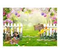 LTLYH 8x6ft Spring Easter Floral Bokeh Backdrop Photo Decorations Background With Rabbit, Colorful Eggs, Fence, Grass Wall Decor Photography Background 172