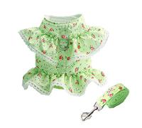 LtuzPet Vintage Floral Dog Dress with Leash Dog Harness Dress Leash Set Puppy Cat Rabbit Dresses with D-ring