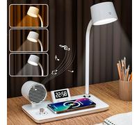 LTXDJ Desk Lamp with Wireless Charging, Dimmable LED Reading Lamp with Bluetooth Speaker and Alarm Clock, Touch Contro Study Lamps Table Lights for Studying Working and Relaxing