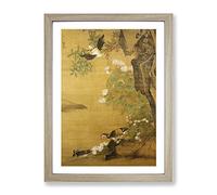 Lu Ji Ducks And Hollyhocks Asian Japanese Framed Print | A2 Oak Framed Wall Art | Ready to Hang | Asian Animal Picture | Living Room Bedroom Lounge Office