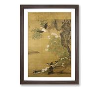 Lu Ji Ducks and Hollyhocks Japanese Oriental Framed Print | A2 Walnut Framed Wall Art | Ready to Hang | Asian Animal Picture | Living Room Bedroom Lounge Office