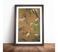 Lu Ji Egrets and Hibiscus Japanese Oriental Framed Wall Art Picture Print - Canvas Painting - Modern Home Décor Poster - Ready to Hang for Living Room Bedroom Kitchen - Walnut A2 (48 x 66 cm)