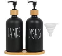 Luabue 2Pcs Soap Dispenser Kitchen Hand & Dish Wash Dispenser Washing Up Liquid Dispenser Black Glass Soap Dispenser 500ML with Bamboo Pump &Tray for