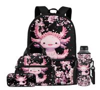 Luarisgur Kids Backpack Girls Backpack with Lunch Box Water Bottle Holder and Pencil Case 4PCS Set School Bag 17 Inch Bookbag, Axolotl Cherry Blossom, L, Animals Style School Backpack
